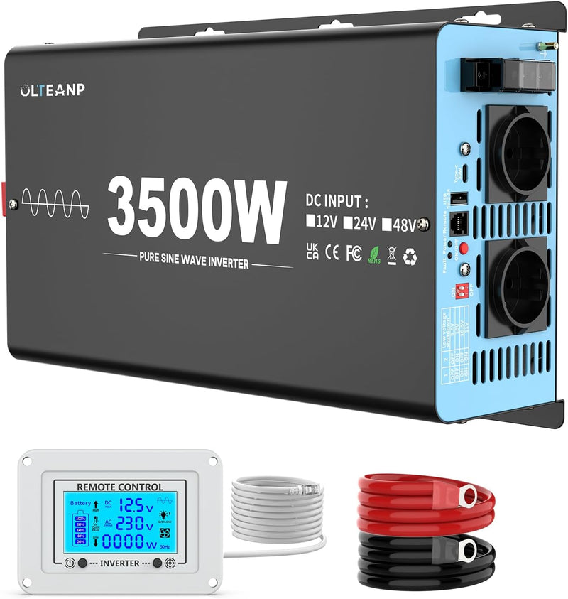 OLTEANP 3500W/7000W Wechselrichter 12V auf 230V Reiner Sinus Spannungswandler Power Inverter mit 2 A