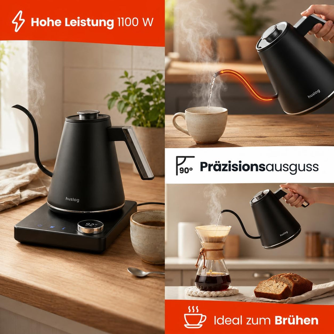 Elektrischer Wasserkocher 1L mit Temperaturregelung 40–100°C, Schwanenhals, LED-Display, Warmhaltefu