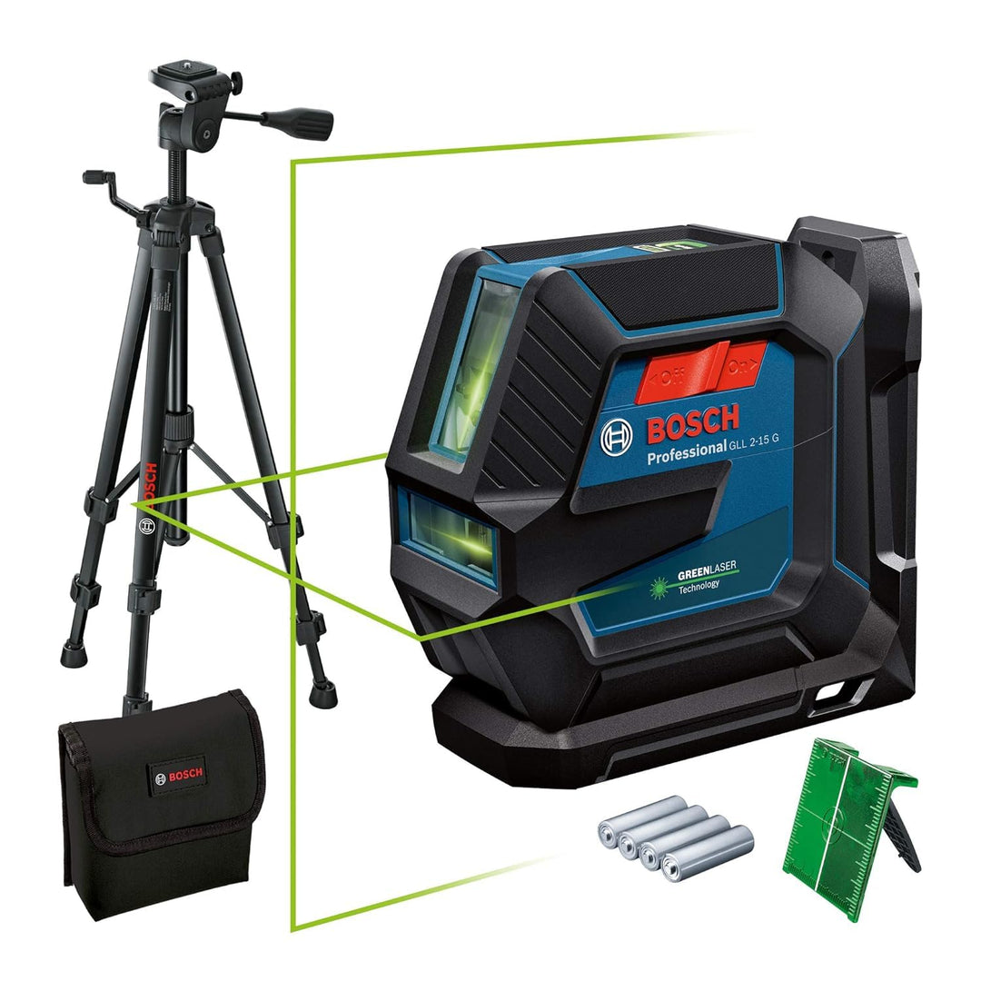Bosch Professional Linienlaser GLL 2-15 G (grüner Laser, Halterung LB 10, Stativ BT 150, sichtbarer