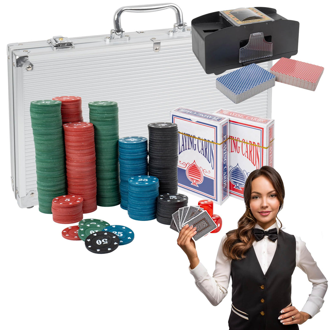 H&F Heimtextilien Pokerkoffer Set 300 Chips mit Kartenmischer – Komplettes Poker Spielset mit Karten