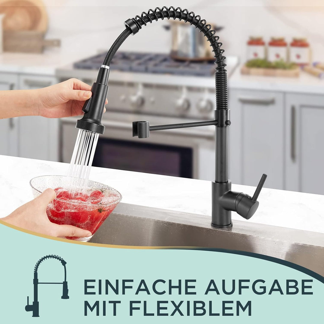 FORIOUS Wasserhahn Küche Schwarz, Hoher Bogen Hochdruck Küchenarmatur mit Herunterziehen Brause Arma