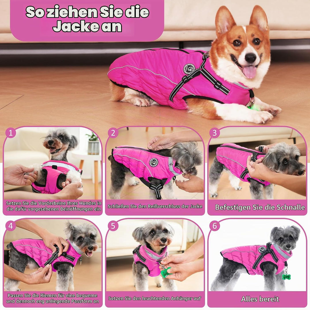 Hundemantel Winter, Hundemantel Wasserdicht, Warme Hundejacke mit Geschirr, Reflektierende Streifen,
