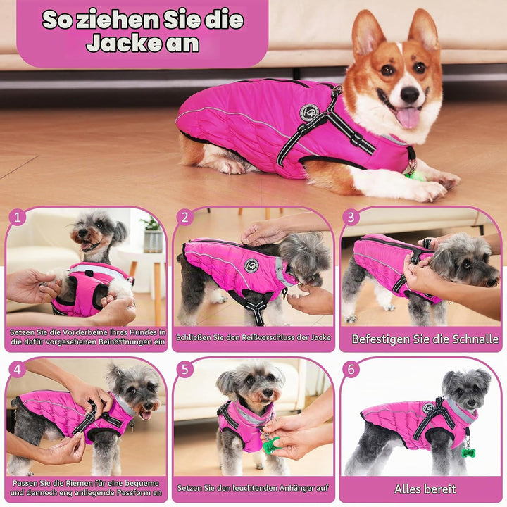 Hundemantel Winter, Hundemantel Wasserdicht, Warme Hundejacke mit Geschirr, Reflektierende Streifen,