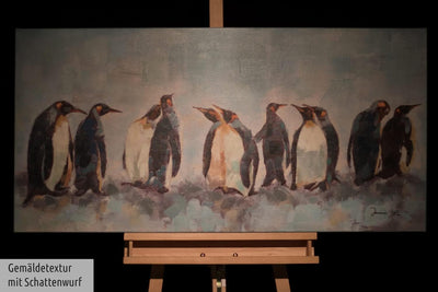 KunstLoft Leinwandbild | 100% HANDGEMALT | 120x60cm | Gemälde 'Kreis der Pinguine' | Pinguin | Blau