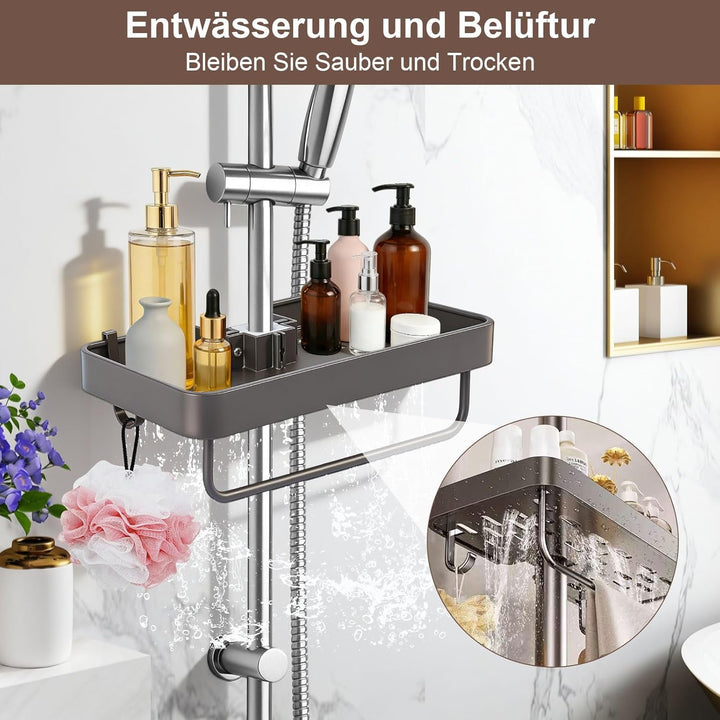 prota Duschablage Ohne Bohren, Aluminium Duschregal mit 2 Haken, Stabiles Rutschfestes Grosses Regal