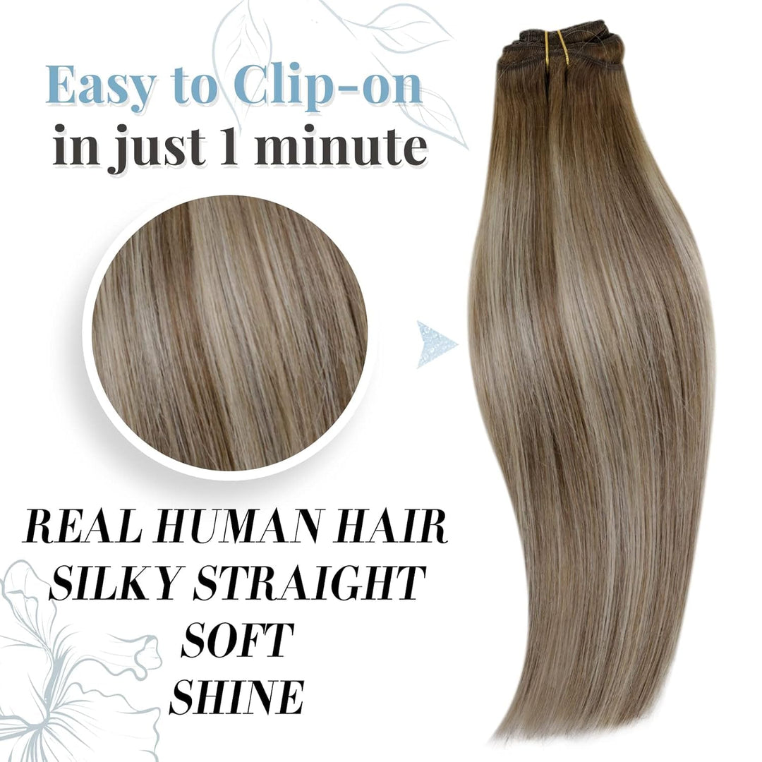 RUNATURE Clip in Echthaar Extensions Balayage Dunkelbraun bis Braun mit Blond Clip in Extensions Ech