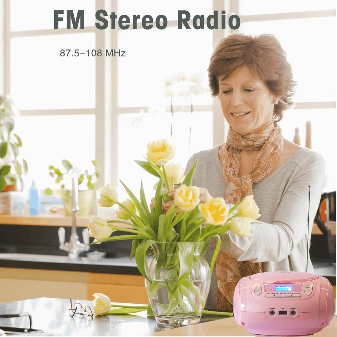 Tragbarer CD-Player für Kinder - Radio-CD-Boombox mit Bluetooth, FM-Radio, USB-Eingang & AUX-Anschlu