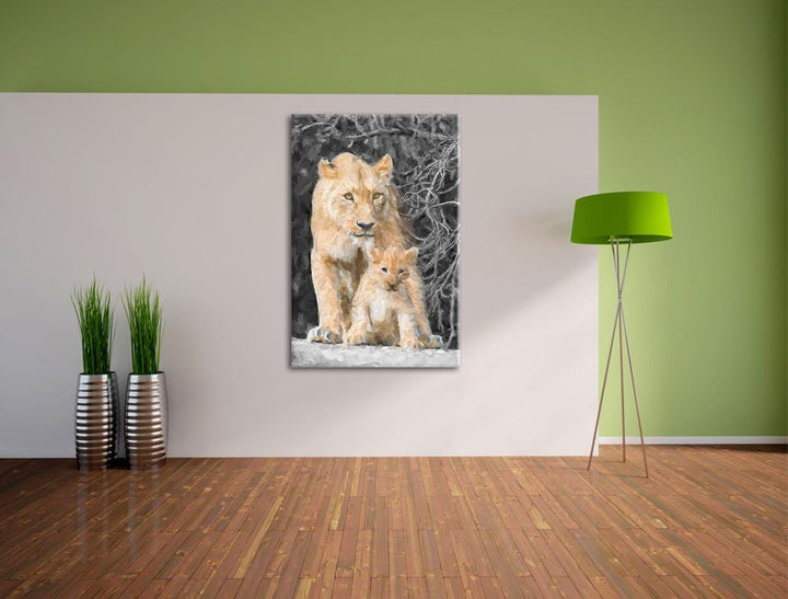 schöne Löwin mit süssem Jungtier schwarz/weiss Deluxe Format: 100x70 cm auf Leinwand, XXL riesige Bi
