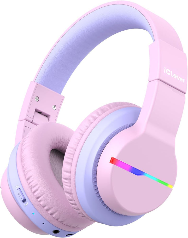 iClever Bluetooth Kinder Kopfhörer, Farbige LED-Leuchten, Kinderkopfhörer Over-Ear mit 74/85/94dB La