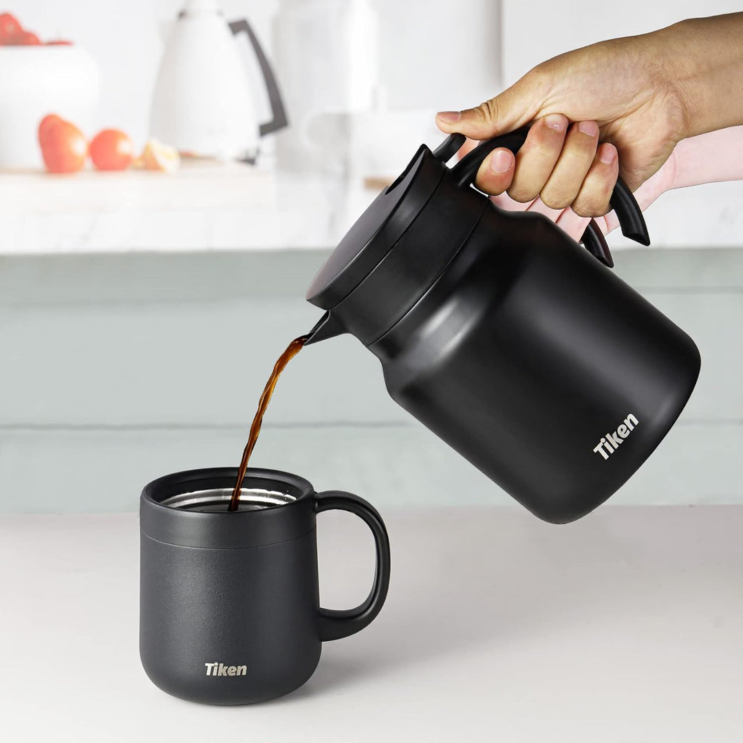 Tiken 1L Thermoskanne aus Doppelwandingem Edelstahl Isolierkanne Kaffeekanne mit Quick Tip Verschlus