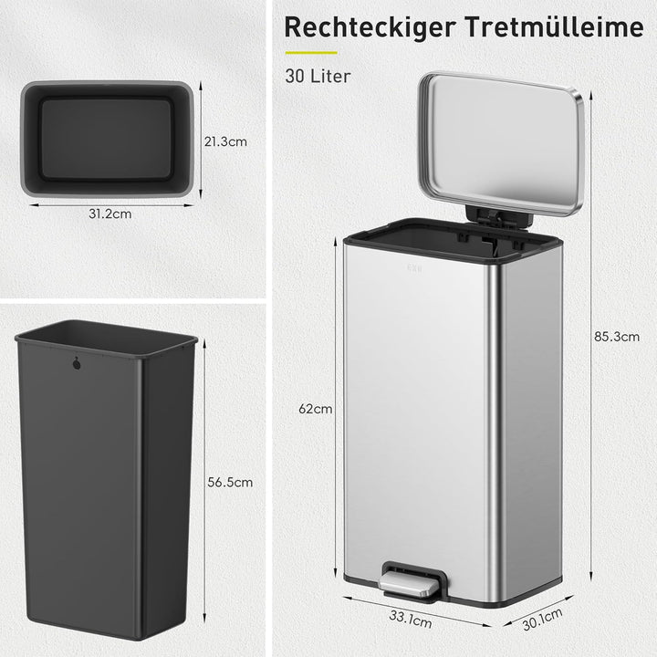 EKO Madison Mülleimer Küche 30L, Abfalleimer mit herausnehmbarem Inneneimer, Soft Closing Deckel, fi