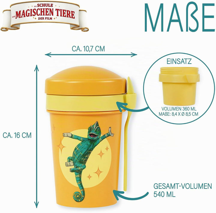 AWAVE Die Schule der Magischen Tiere Müslibecher To Go 540 ml rPET Gelb Caspar, Becher mit Löffel fü
