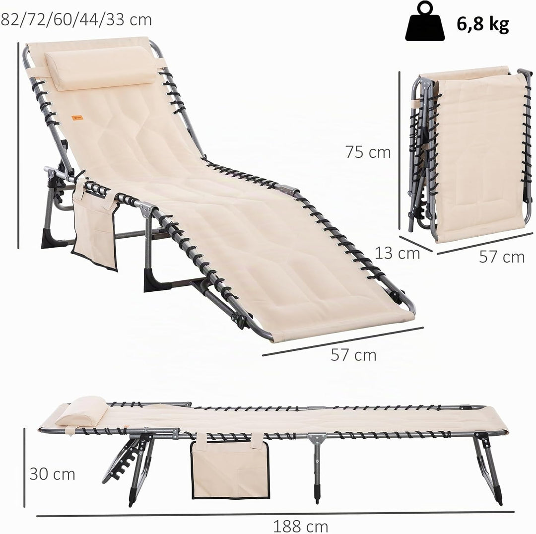 Outsunny Sonnenliege, klappbar Gartenliege mit Kopfkissen, Seitentasche, Liegestuhl mit 5-Fach verst