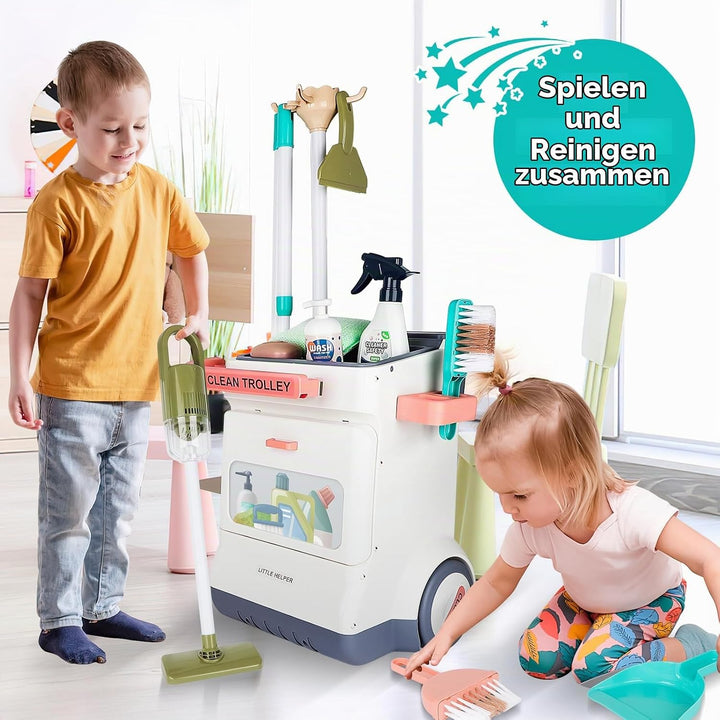 deAO Besenwagen Putzwagen Für Kinder,mit Kinderbesen,Kehrblech und Handfeger, Kinderstaubsauger mit