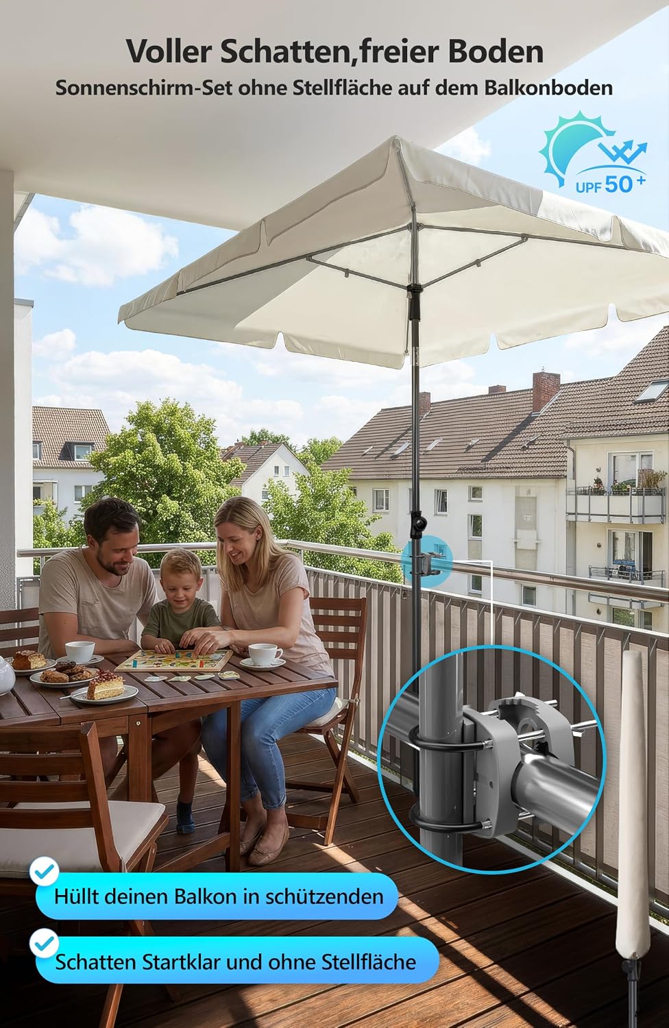 4smile Sonnenschirm Balkon im Set – Sonnenschirm rechteckig 210×140 cm, UV 50+ Sonnenschutz Balkon,