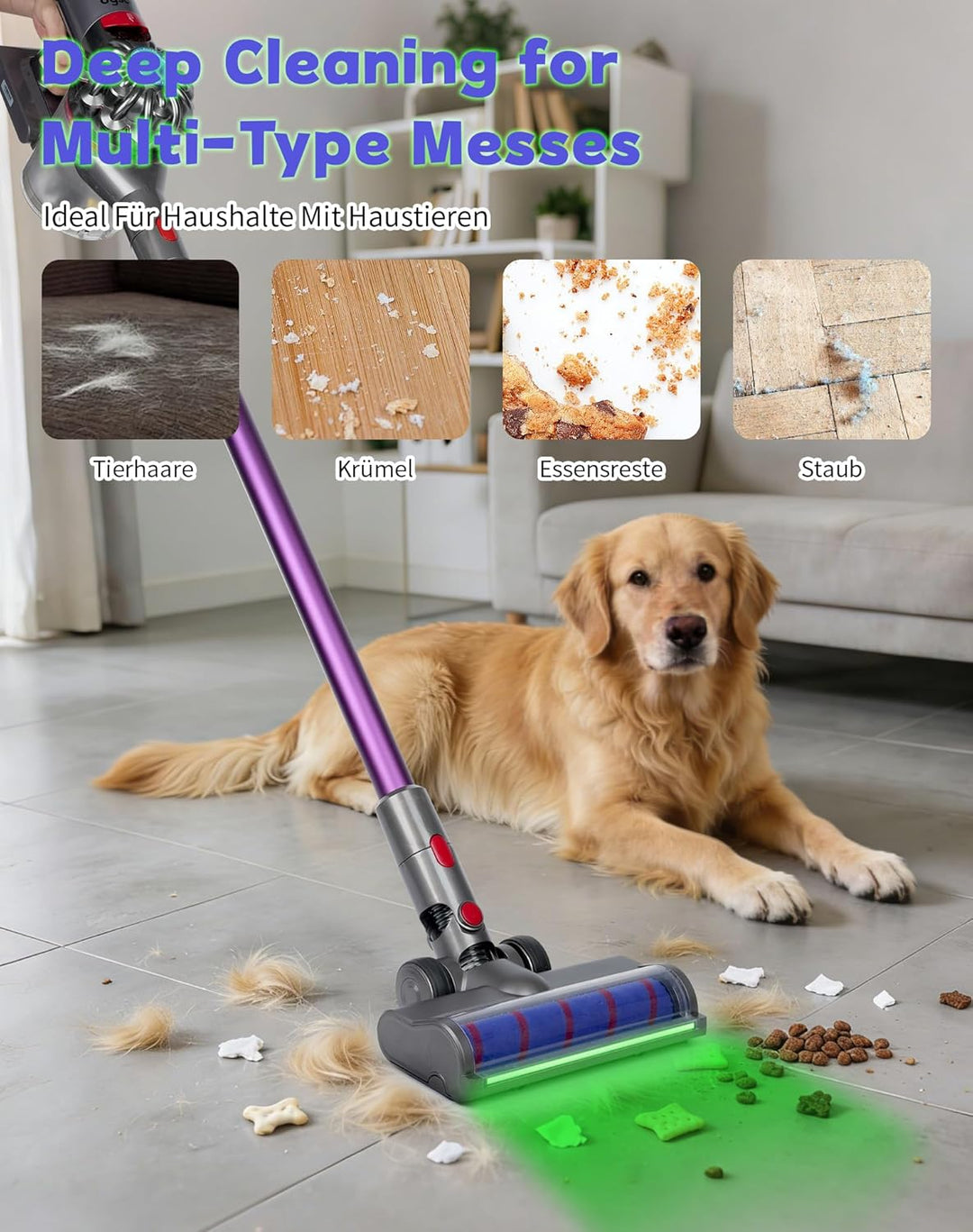 Bürste für Dyson V7 V8 V10 V11 V15 mit Grünem LED Licht, Weichwalze Bodenbürste Geeignet für Hartböd