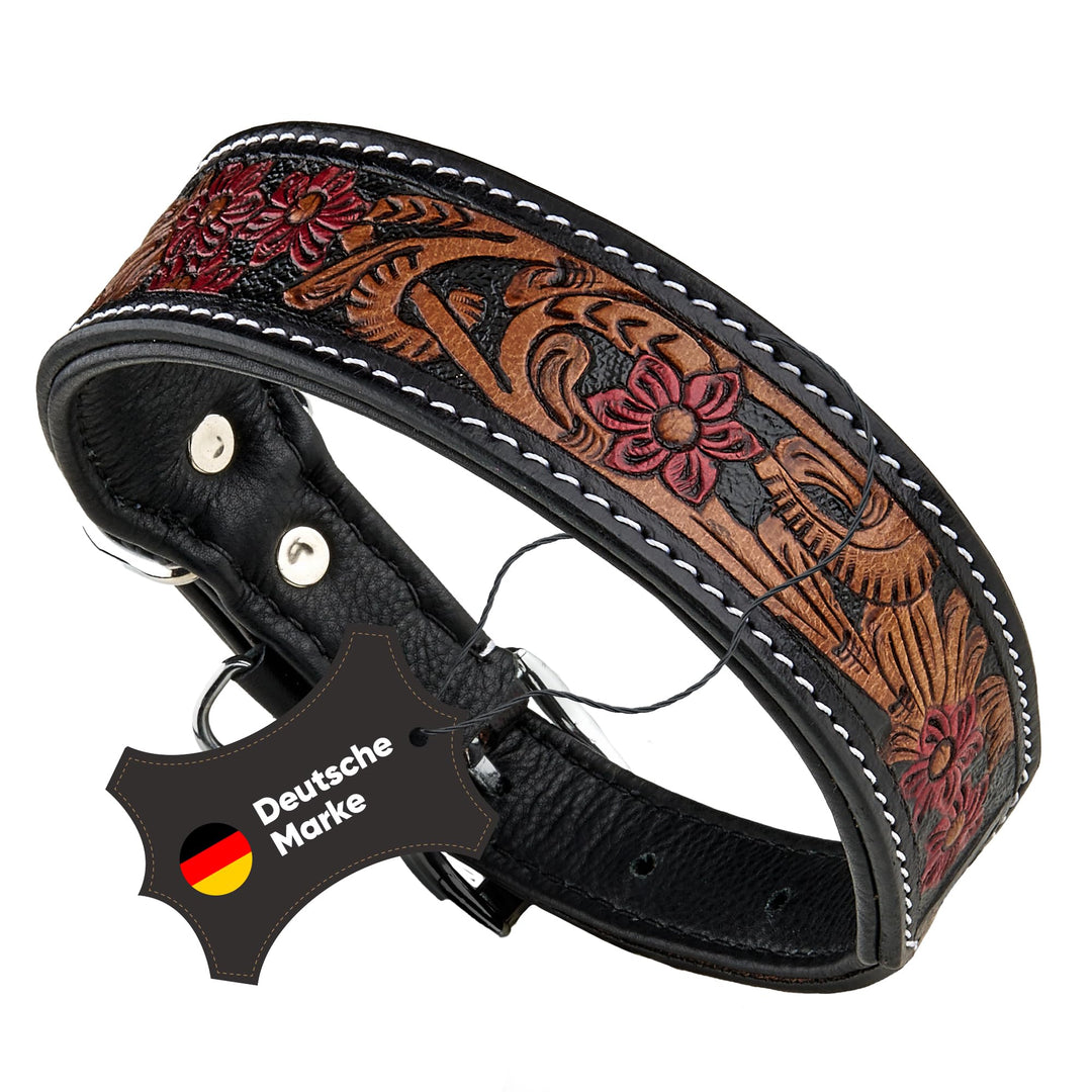 MICHUR Flora Hundehalsband Leder, Lederhalsband Hund, Halsband, SCHWARZ Rot Braun, Leder, mit roten