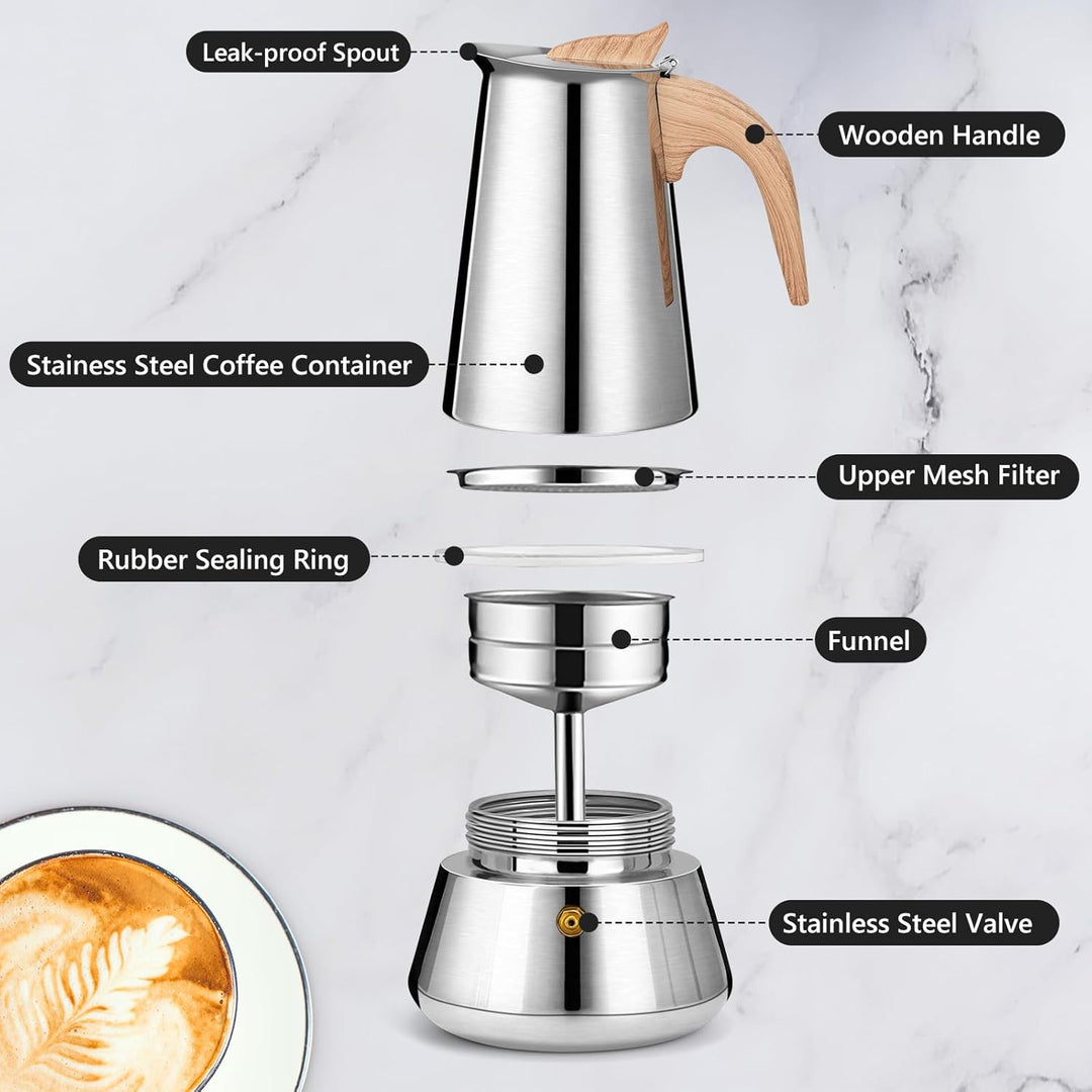 Romon Espressokocher Edelstahl, 6 Tassen 300ml Silber, Mokkakanne Mit Holzgriff, Geeignet Für Glaske