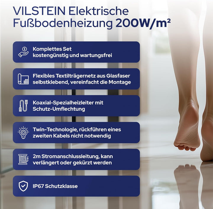 VILSTEIN Elektrische Fussbodenheizung 200W/m², für Fliesen Laminat und mehr, Komplett-Set, TWIN Tech
