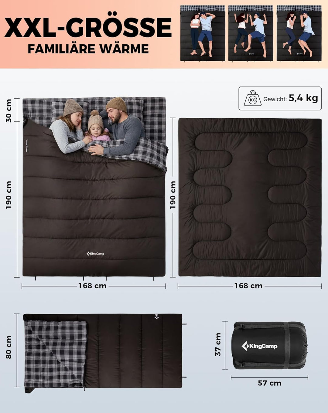 KingCamp Doppelschlafsack Baumwolle Flanell Winter Schlafsack 2 Personen Warmer Deckenschlafsack 3-4