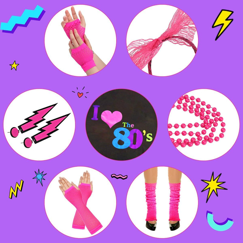 80er 90er Jahre Outfit Damen, I Love 80s T-Shirt, Beinwärmer, Stirnband, Ohrring, Halskette, Netzhan