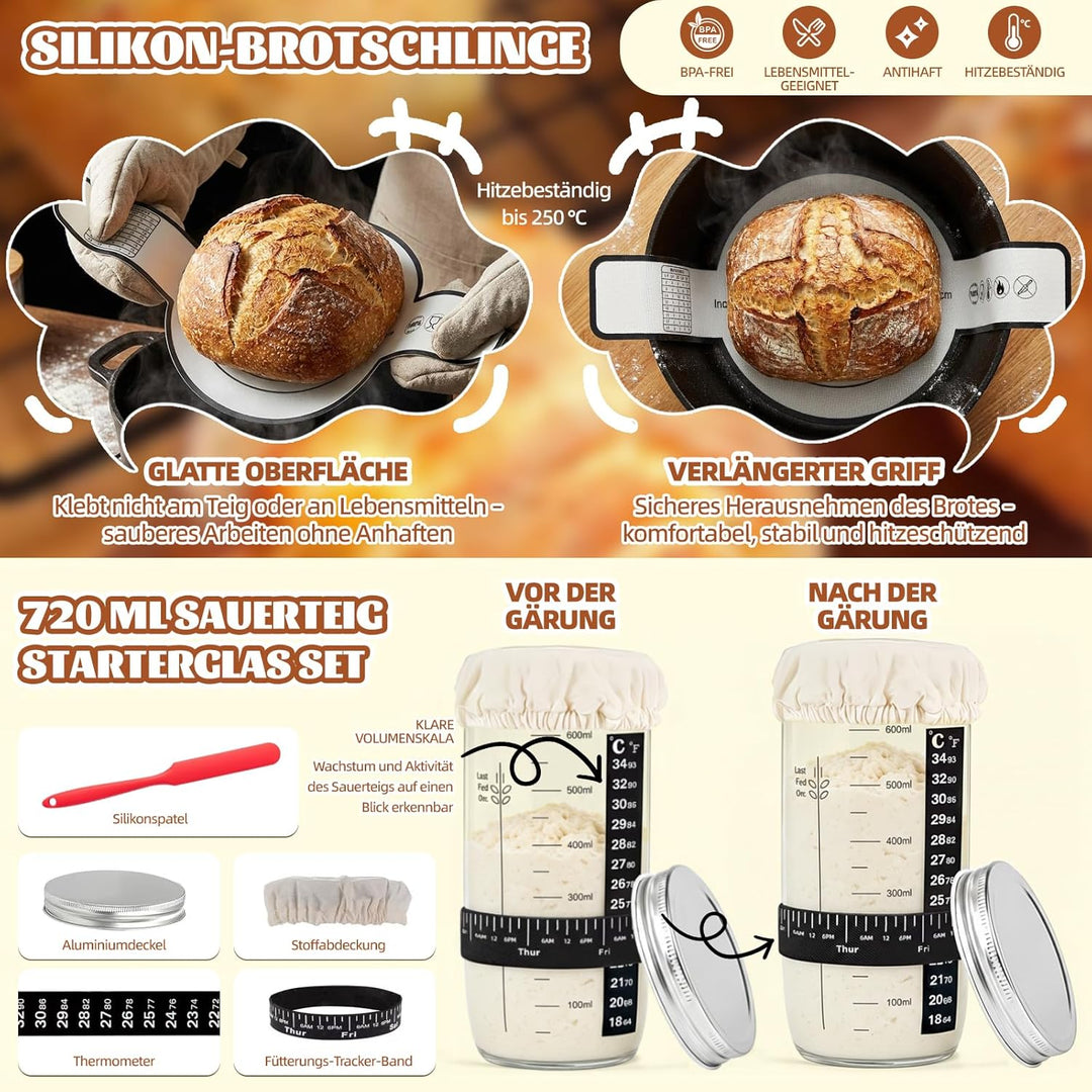 Gärkörbchen Für Sauerteig Starter Set, 23-teilig Gärkorb Brot Set, 25cm & 23cm Rattan Brotbackset, B