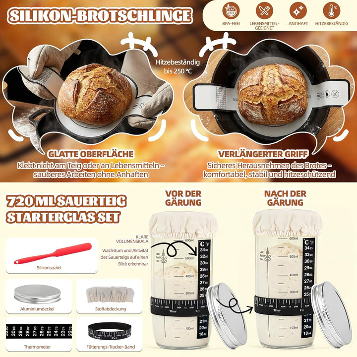 Gärkörbchen Für Sauerteig Starter Set, 23-teilig Gärkorb Brot Set, 25cm & 23cm Rattan Brotbackset, B