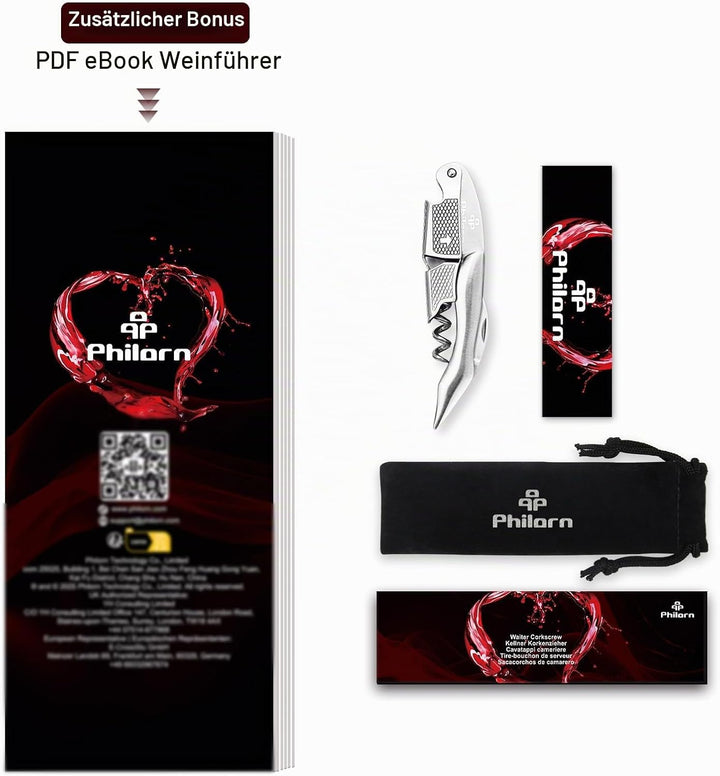 PHILORN All-in-1 Profi Korkenzieher, Prämie Edelstahl, Gratis Weinrezept Ebook, Kellnerkorkenzieher,