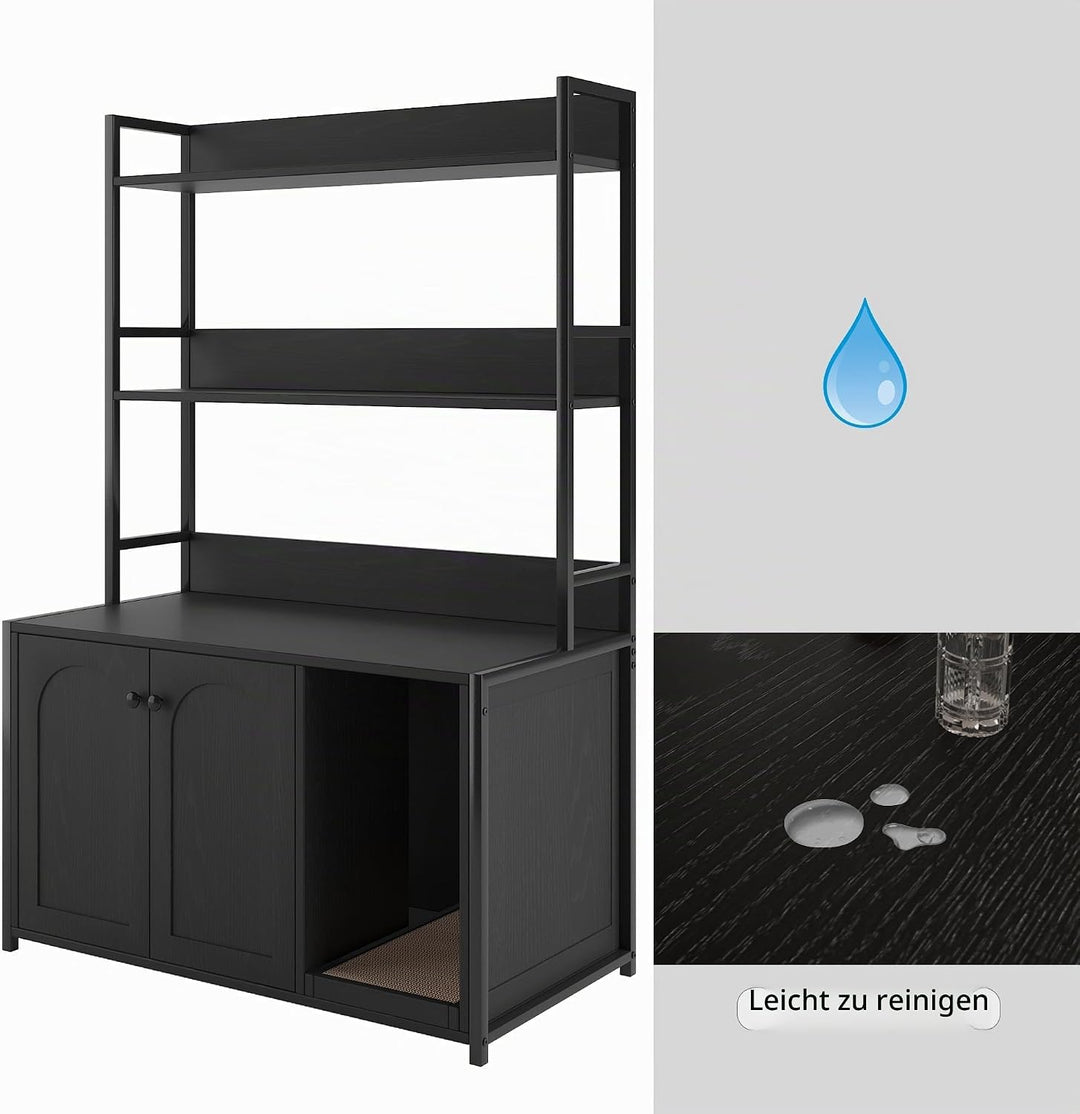 Katzenschrank mit Bücherregal, Kratzbaum mit Katzenklo-Schrank, Katzenklo Schrank mit 3 Ebenen &amp; Ein