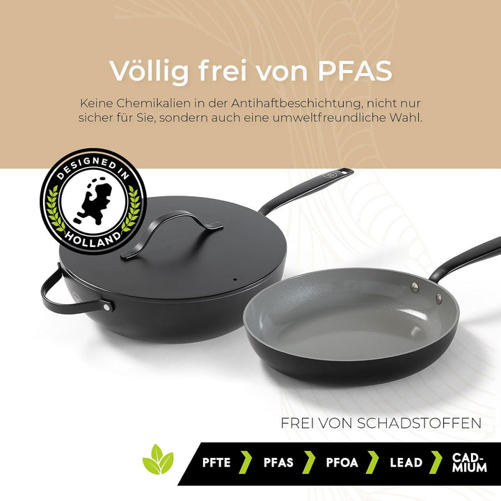 Be Living Essential Pfannenset 4-teilig, Bratpfanne 20/24/28 cm + Wokpfanne 28 cm mit Deckel, Non St