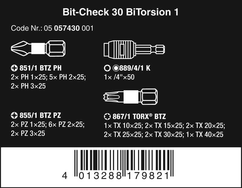 Wera 05057430001 Sortiment, Bit-Check BiTorsion 1, 30-teilig, Stück Bit-Check 30, Bit-Check 30