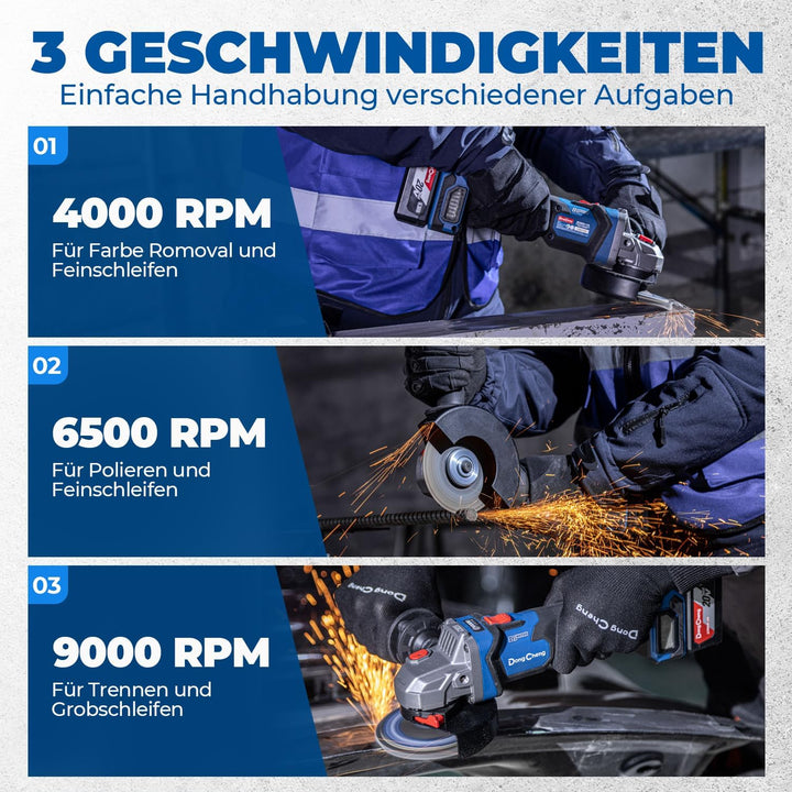 DongCheng Akku-Winkelschleifer 18V, Ø 125mm, 1000W, bürstenloser Motor, 3 Drehzahlstufen, Schnellspa