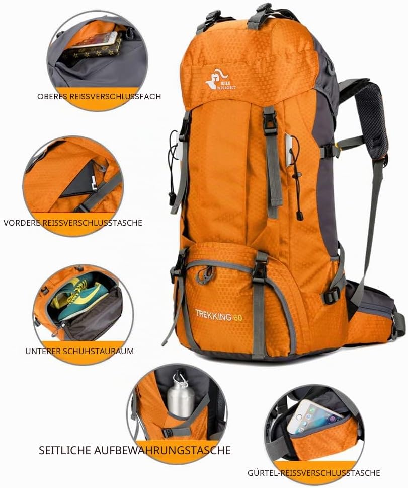 Bseash 60L Wasserdichter leichter Wanderrucksack mit Regenschutz, Outdoor Sport Tagesrucksack Multif
