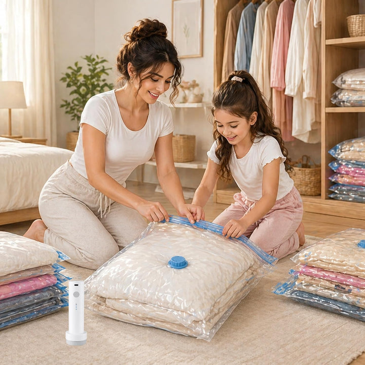 Vakuumbeutel mit Pumpe – 6er Set XXL 100x80 cm, elektrische Vakuumpumpe für Kleidung & Bettdecken |
