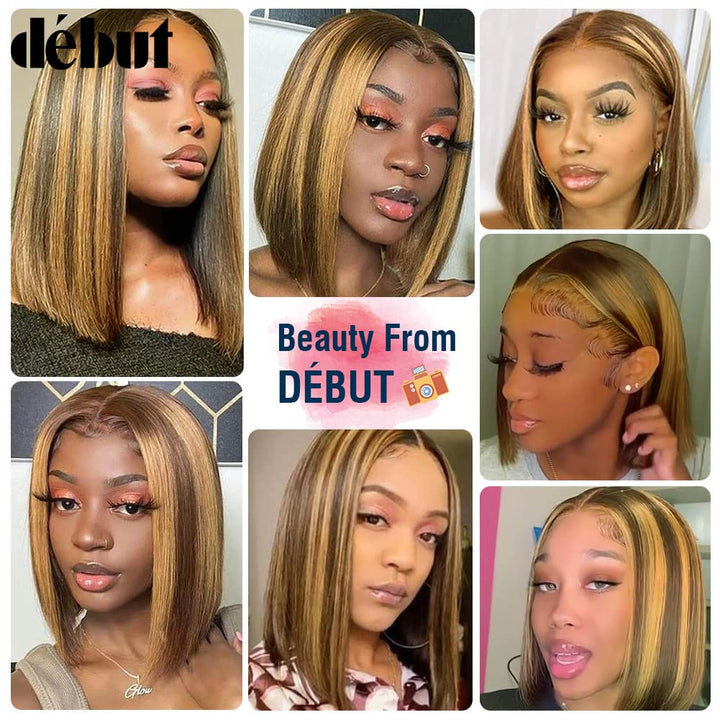 DÉBUT Glatte Bob Perücke, Echthaar, T-Teil, Spitzenfront, Bob-Perücke, vorgezupft, mit Babyhaar, 150