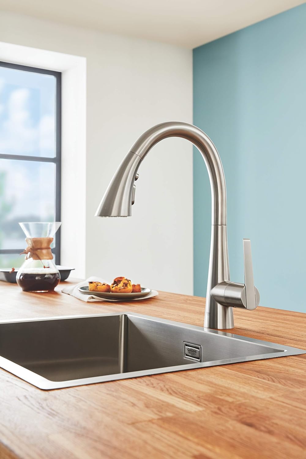 GROHE Zedra - Einhand-Spültischbatterie (langlebige Oberfläche, 3 Strahlarten, Schwenkbereich 360°),