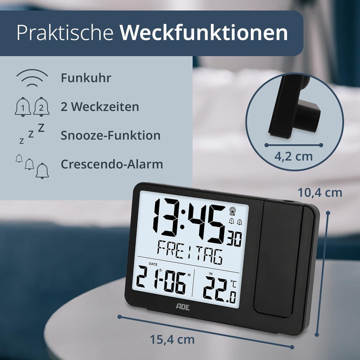 ADE Digitaler Funkwecker mit Projektion und Aussensensor | Projektionswecker mit 2 Weckzeiten| Uhr m