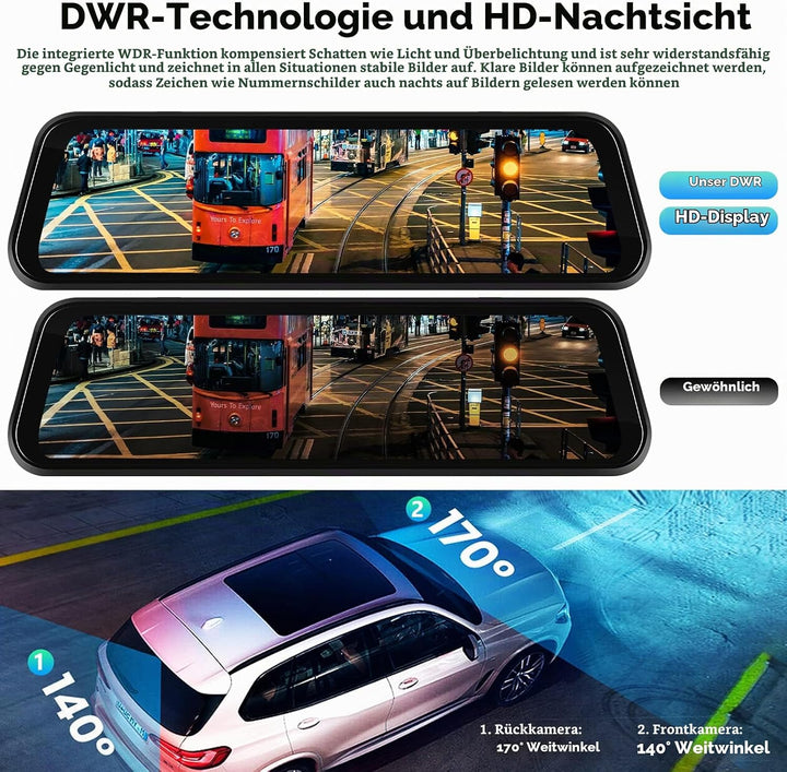 Hodozzy Spiegel Dashcam Carplay Wireless Android Auto Bluetooth 9,66 Zoll IPS Touchscreen Frontkamer