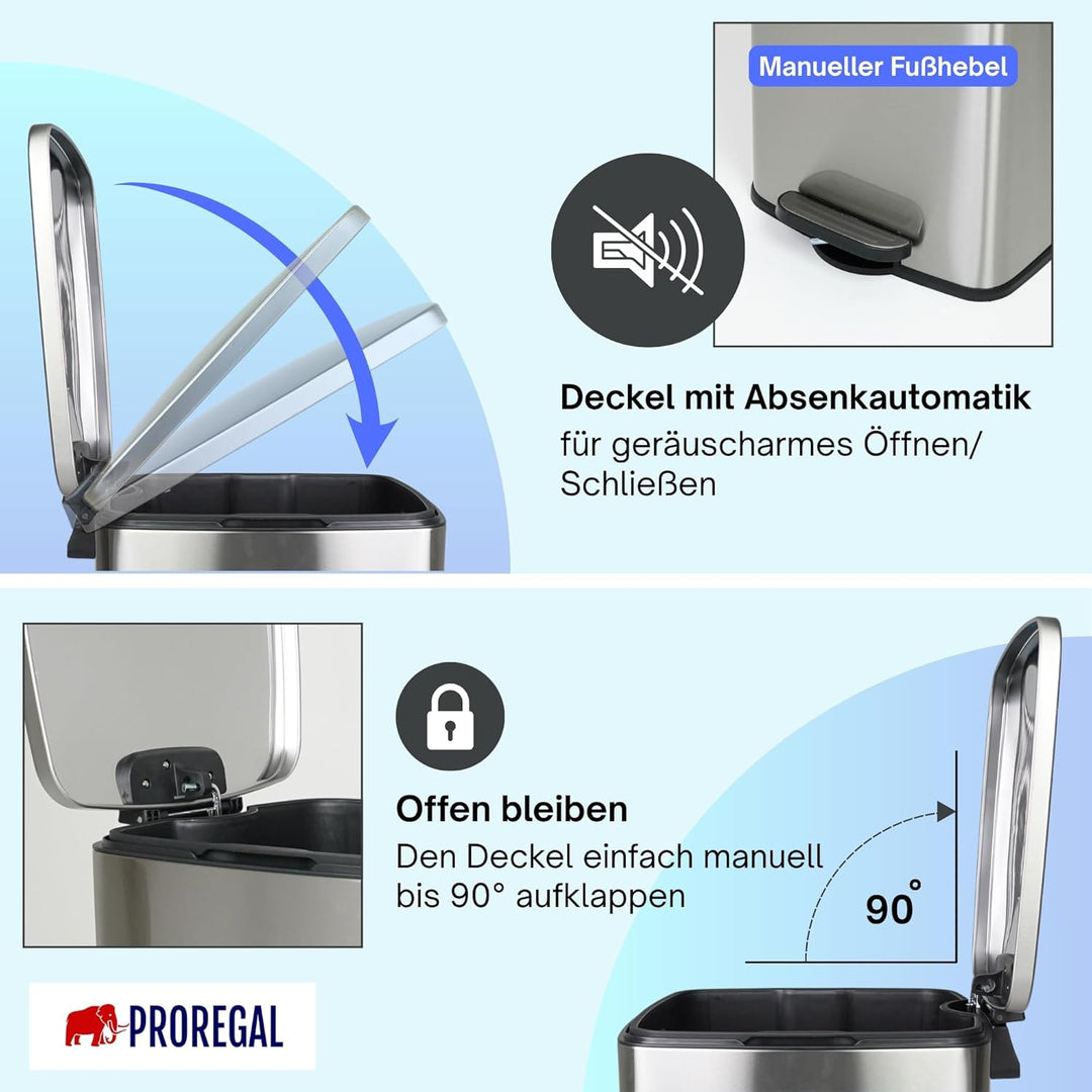 PROREGAL Mülleimer Küche Bad 50L, Abfalleimer mit Softclose & Stay-Open Deckel, Fusspedal & Inneneim