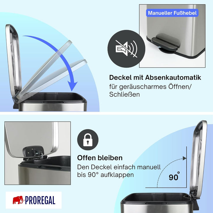 PROREGAL Mülleimer Küche Bad 50L, Abfalleimer mit Softclose & Stay-Open Deckel, Fusspedal & Inneneim