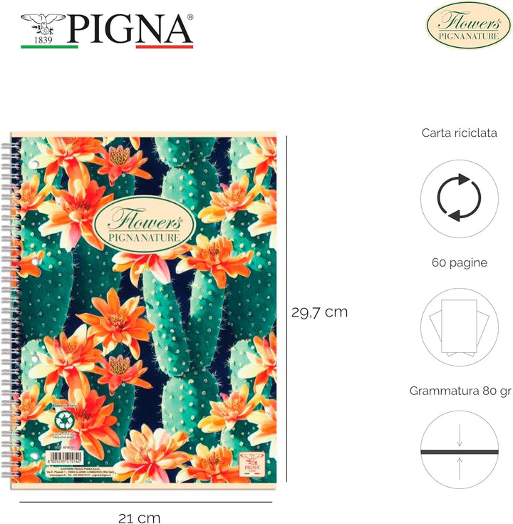 Pigna Nature Flowers 02182571R Notizbuch Spiralato f.to A4, gestreifte Notizbücher 1R, 5 Stück 1R ,