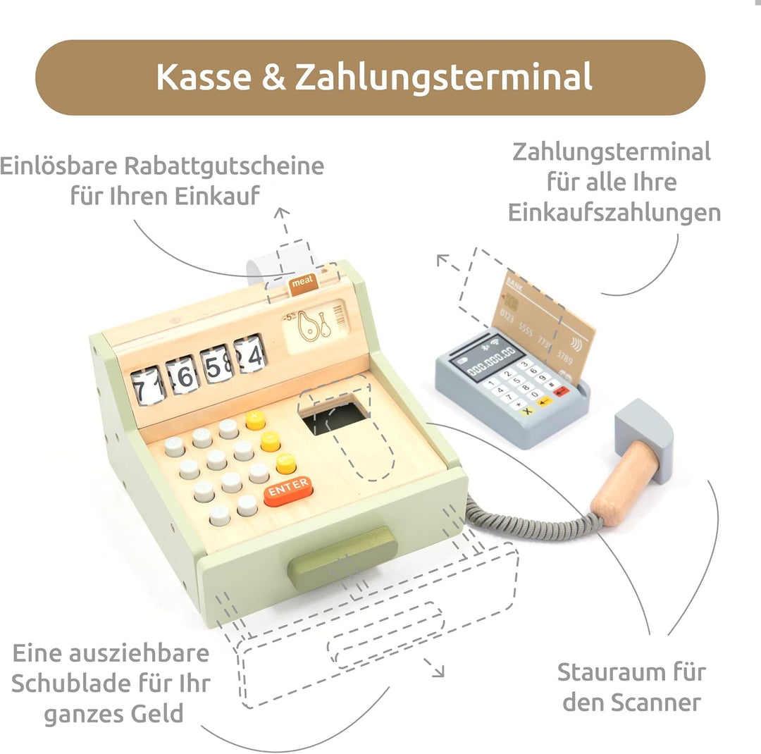 UMU® Kinder Kasse aus Holz - inkl. Zubehör (Scanner, Zahlungsterminal, Spielgeld usw.), Kaufläden &