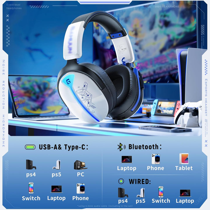 Gaming Headset Wireless, Headset mit Mikrofon für ps5 ps4, PC, Switch, Bluetooth 5.3, 7.1 Surround S
