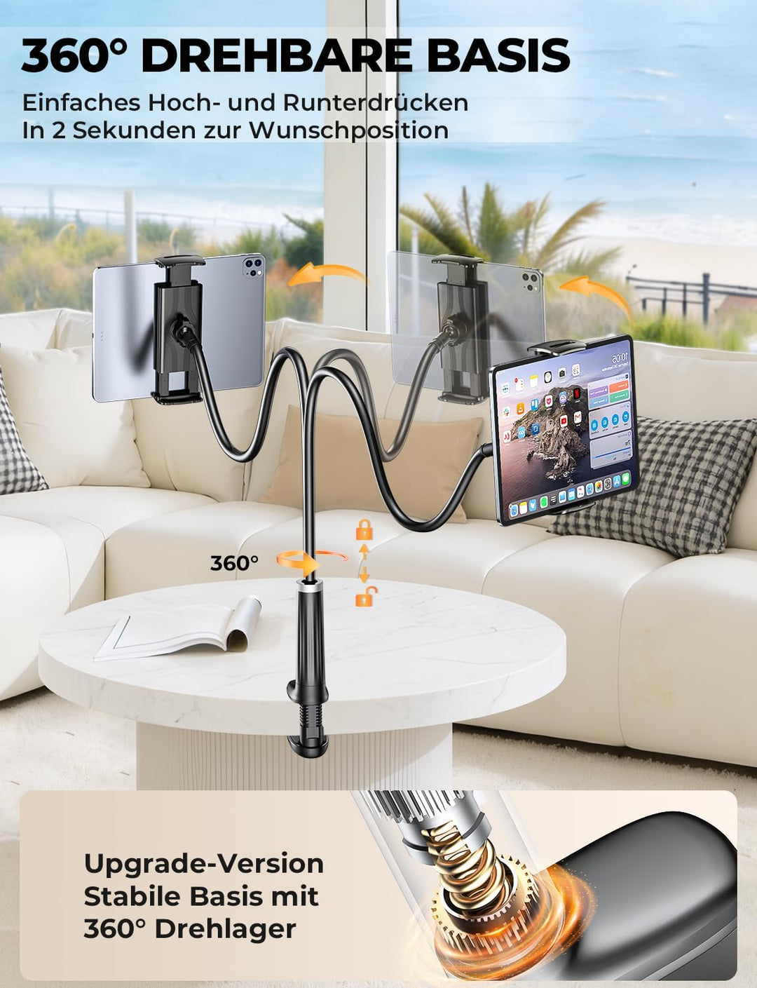 Schwanenhals Tablet & Kindle halterung Bett: 360° Sockel mit Flexibler Lang Arm Ständer eReader Hand