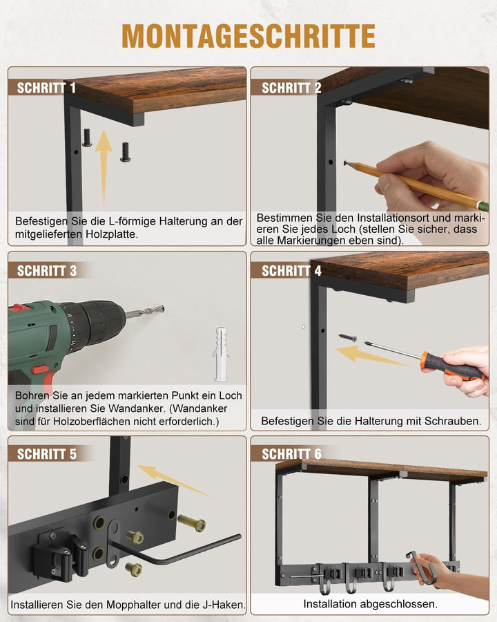 Supforce Besenhalter Wandmontage mit Holzablage, robuster Gerätehalter aus Metall mit Staubsaugerhal