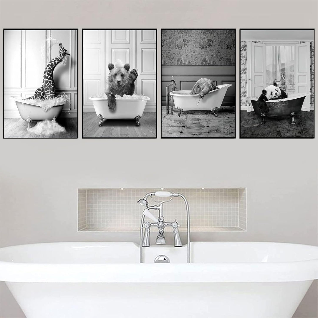 WADBTP Badezimmer Bilder,Schwarz Weiss Bilde,Lustige Tier in der Badewanne Leinwand Bilder für Wohnz