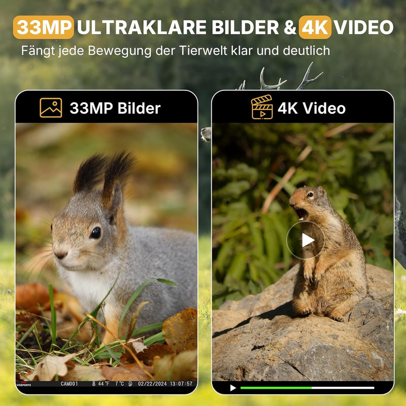 Wosports Wildkamera 4K HD Wildtierkamera, 33MP WLAN Nachtsichtkamera mit Bewegungsmelder, 0,1 s Ausl