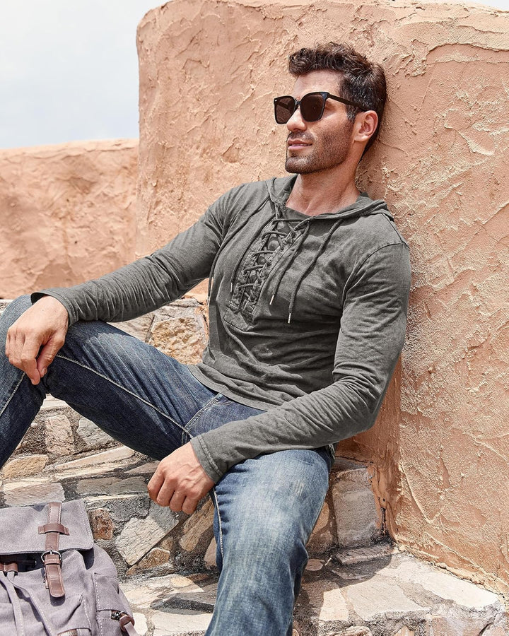 Beotyshow Herren Vintage Hoodie Langarm Shirt Männer Lace Up Hooded Langarmhemd Distressed Casual Ou