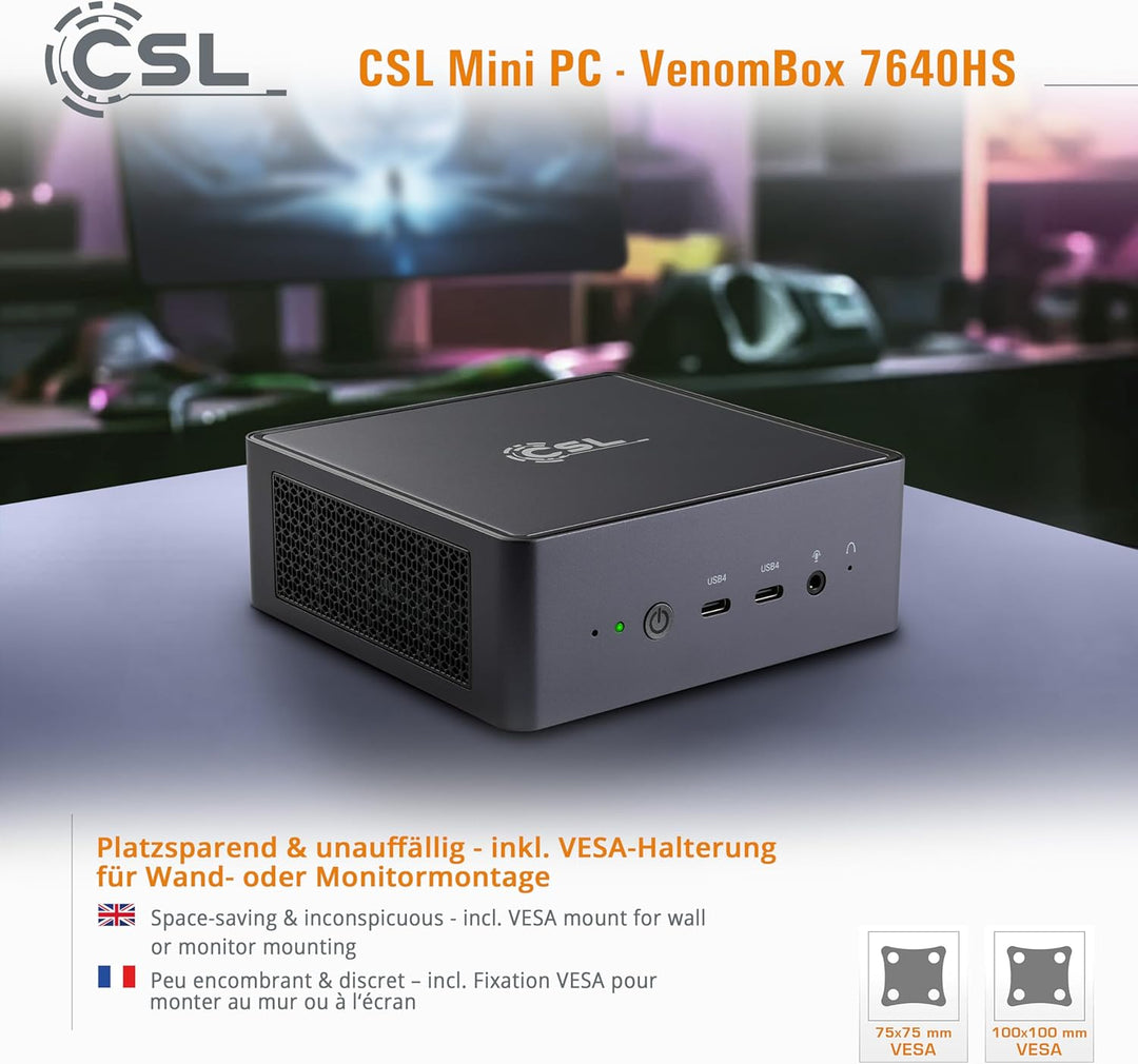 Mini PC CSL VenomBox 7640HS Windows 11 Pro, AMD Ryzen 5 7640HS 6X 4300 MHz, 2000 GB M.2 SSD, 96 GB D