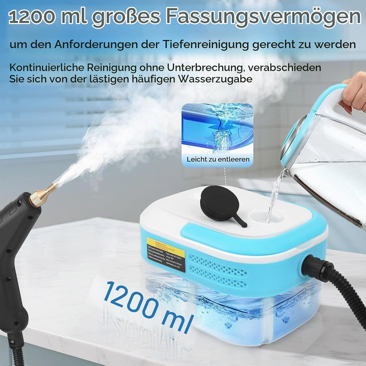 Handdampfreiniger 7-in-1, 1500W | 1,2L Wassertank für Küche &amp; Bad | Hochdruck-Dampfgarer (3BAR) gege